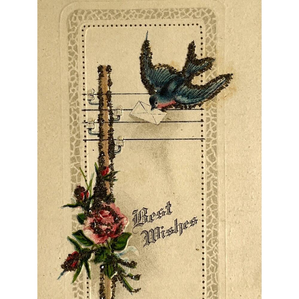 Antique 1917 Postcard Ephemera Embossed Unposted Signed Sparrow Flower Rose SEE